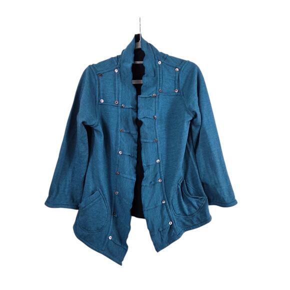 Parsley & Sage Reversible Aqua Blue Black Artsy Boho Knit Cardigan Size Medium - Picture 2 of 16